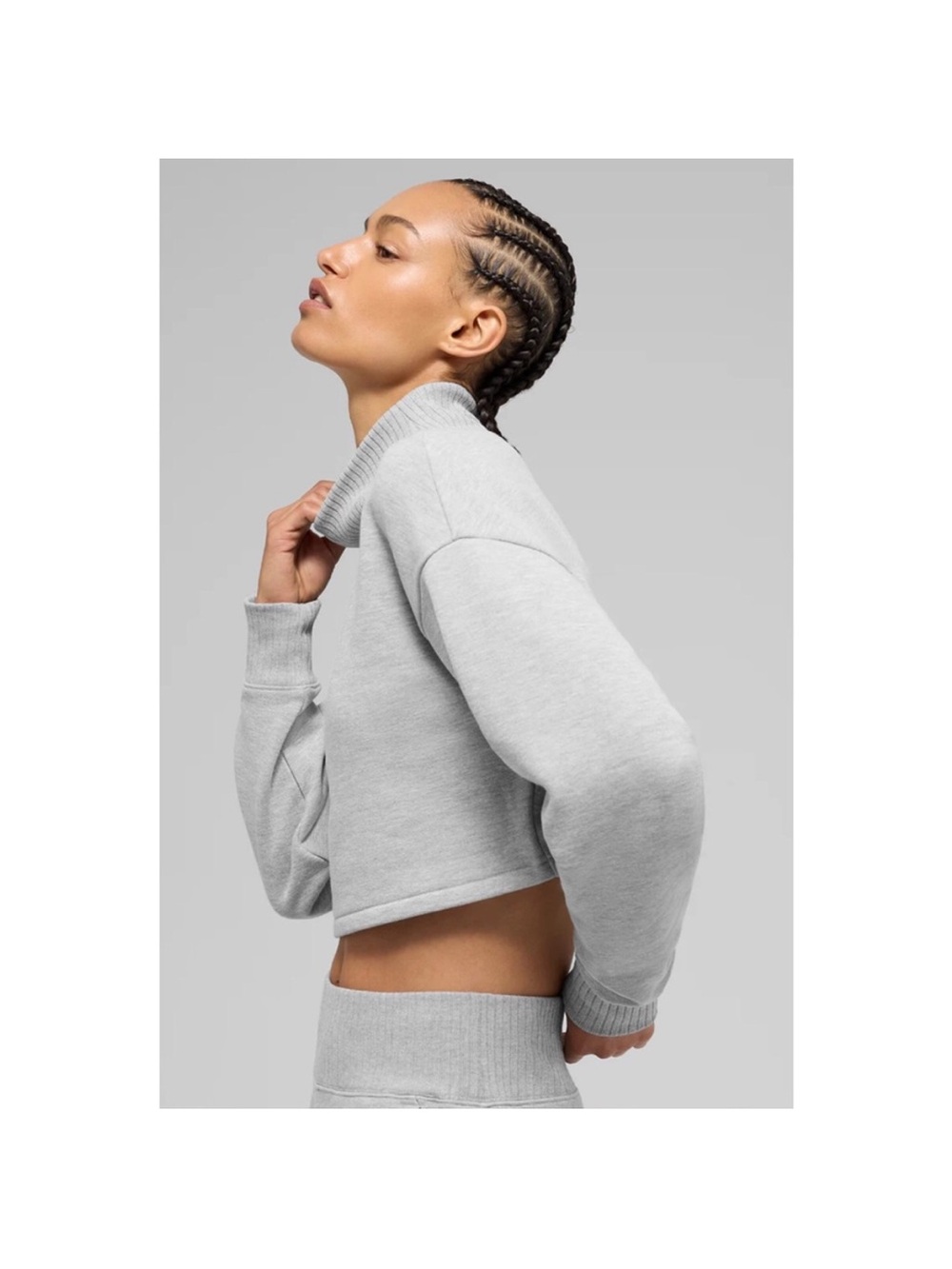 ALO Yoga Small Cropped Serenity Coverup Fleece Sweatshirt Top Ribbed Neck Gray - Picture 5 of 14